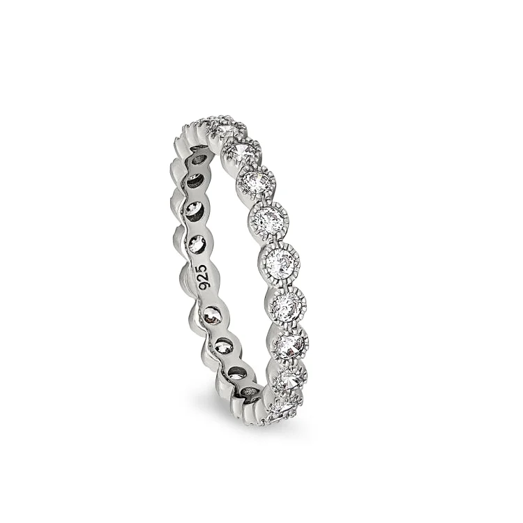 Platinum Finish Sterling Silver Beaded Bezel Ring with Simulated Diamonds