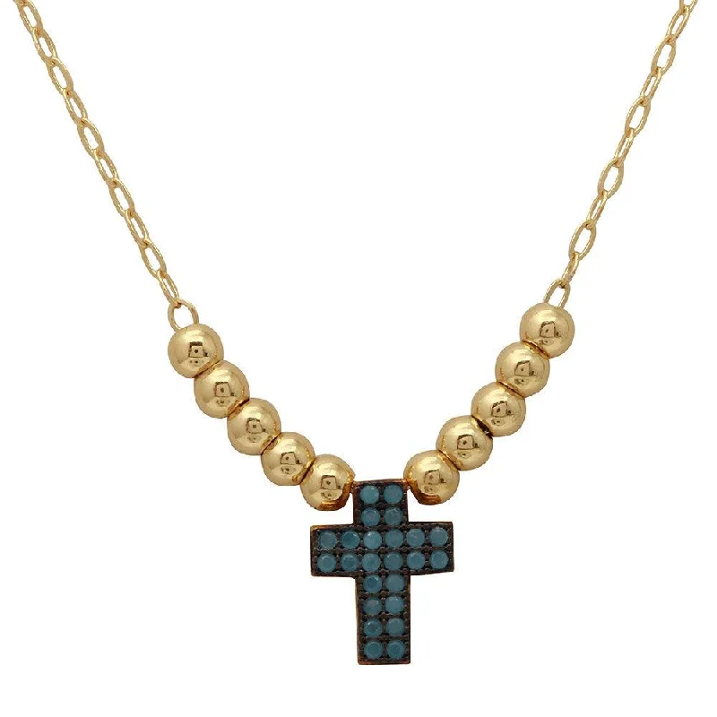 Gold Plated 925 Sterling Silver Beaded Necklace with Turquoise Stone Cross - GMN00025GB