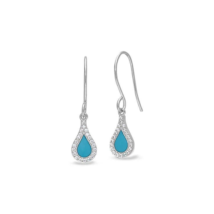 Platinum Finish Sterling Silver Micropave Turquoise Enamel Teardrop Earrings with Simulated Diamonds