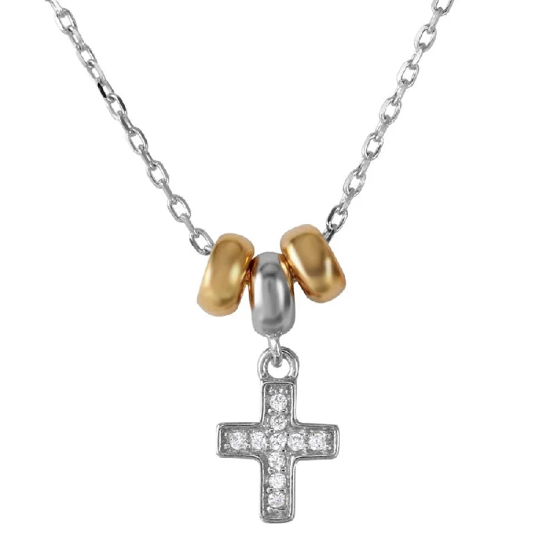 Rhodium Plated 925 Sterling Silver and Gold Plated Dangling CZ Cross with 3 Hoop Necklace - BGP01200