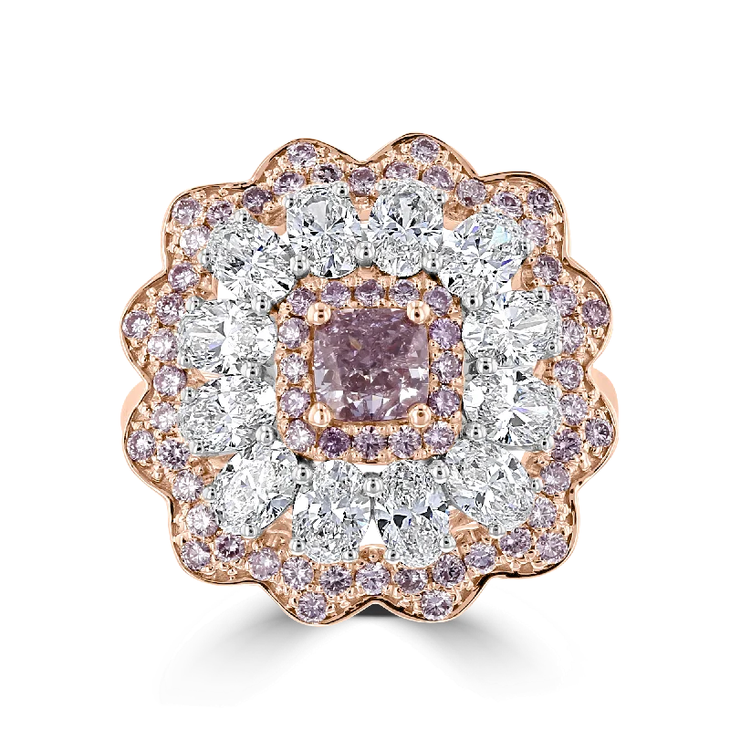 JULEVE 3.55 CARAT TOTAL WEIGHT FANCY PURPLE PINK CENTER WITH WHITE & PINK DIAMOND HALO RING