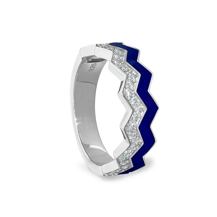 Platinum Finish Sterling Silver Micropave Ring with with Navy Enamel and Simulated Diamondss