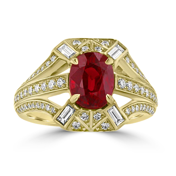 JULEVE 18KT YELLOW GOLD 2.49CT RUBY & 0.65CT DIAMOND HALO RING