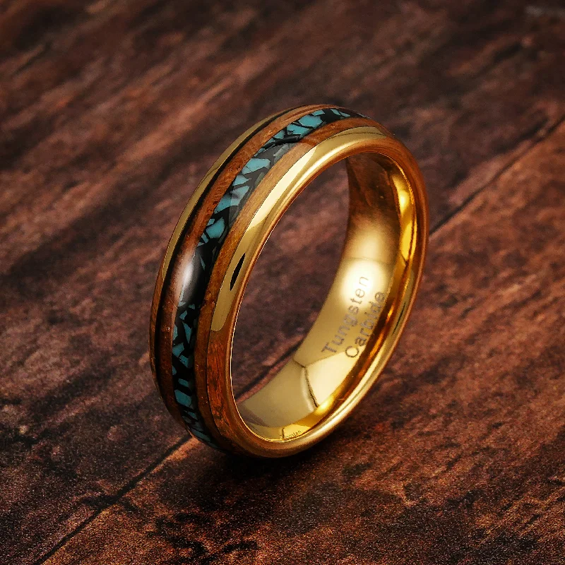 100S JEWELRY 6mm Gold Tungsten Wedding Ring for Men & Women Turquoise & Whiskey Barrel Inlay Design Durable Engagement and Promise Band Available in Sizes 6-13