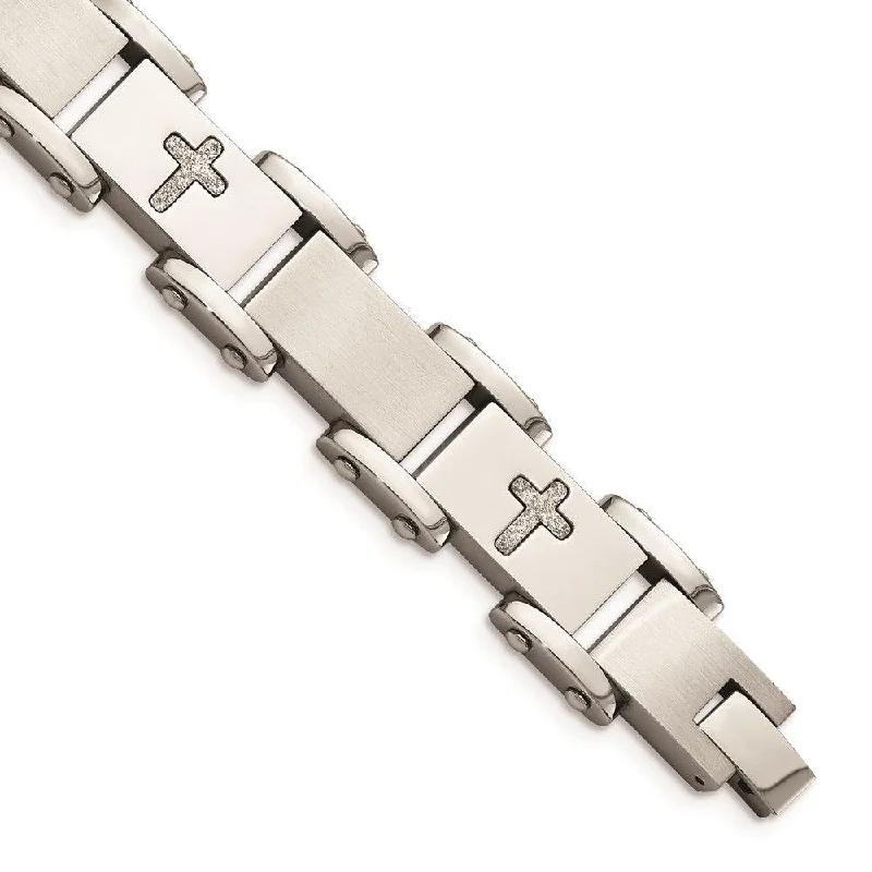 Stainless Steel Laser Cut Crosses 8.75in Bracelet