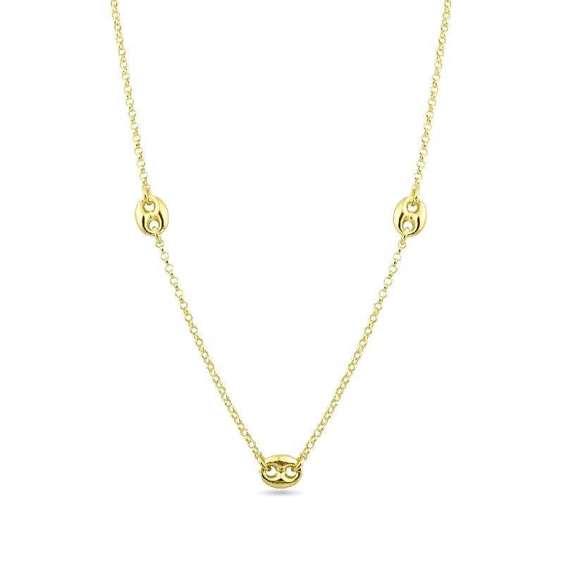 Gold Plated 925 Sterling Silver 3 Puffed Mariner Adjustable Link Necklace - ITN00158-GP