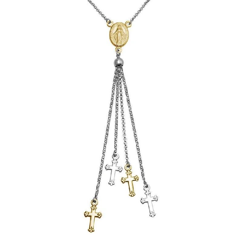 Rhodium Plated 925 Sterling Silver and Gold Plated Rosary Tassel Necklace - ARN00048RH-GP