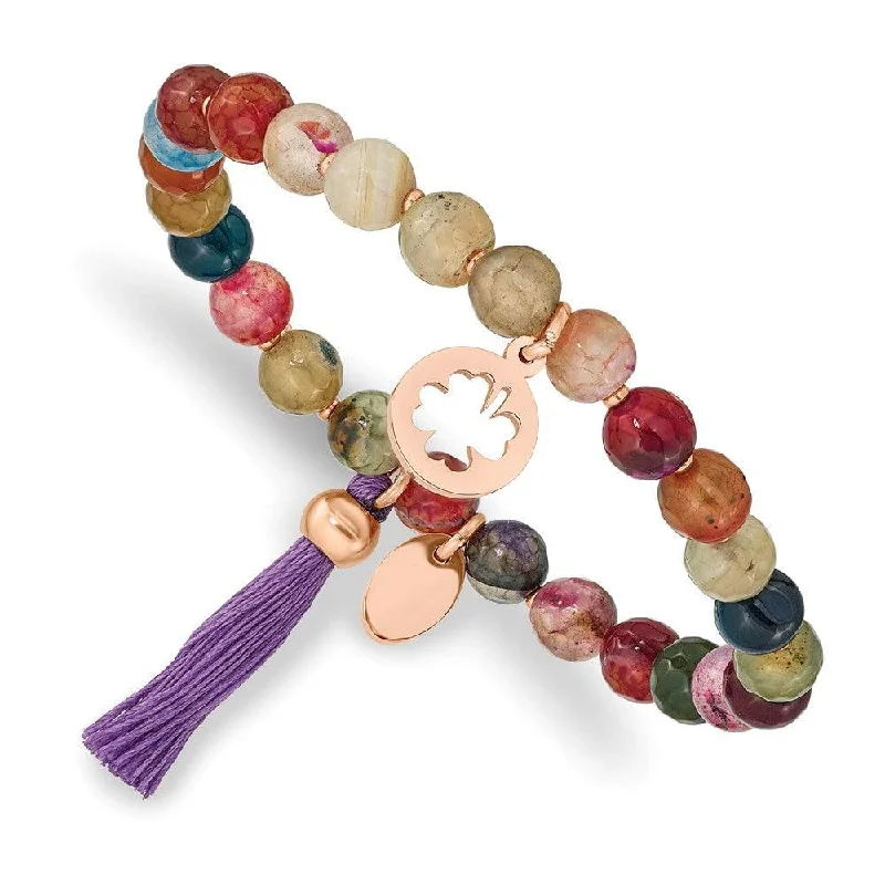 Stainless Steel Polished Rose IP Clover Multi Color Agate Stretch Bracelet