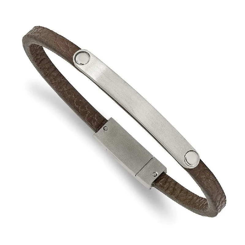 Stainless Steel Brushed Brown Leather 8.25in ID Bracelet