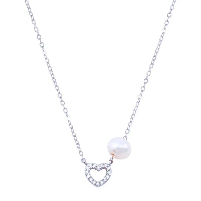 Rhodium Plated 925 Sterling Silver Fresh Water Pearl Heart Charm Clear CZ Necklace - STP01816