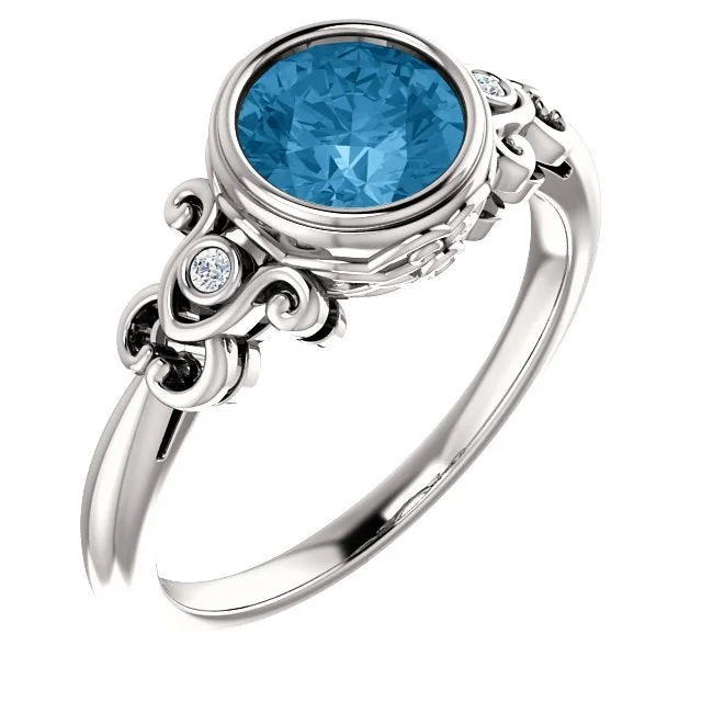 14KT WHITE GOLD 1.30 CT BLUE TOPAZ & 1/10 CTW DIAMOND BEZEL-SET RING