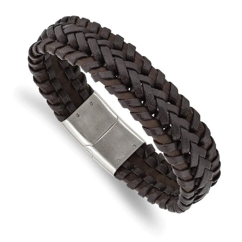 Stainless Steel Polished Braided Brown Leather 8.5in Bracelet