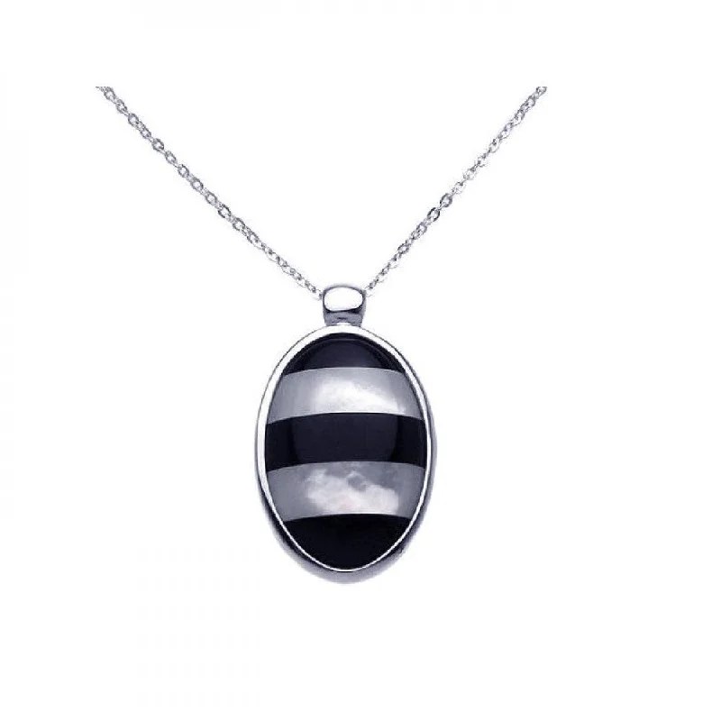 Clearance-Silver 925 Rhodium Plated Mother of Pearl Onyx Oval CZ Necklace - BGP00278