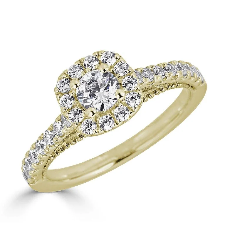 JULEVE 14KT GOLD 3/4 CTW DIAMOND MILGRAIN CUSHION HALO RING