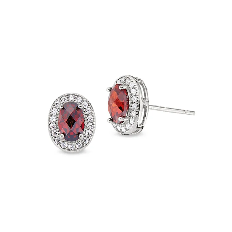 Platinum Finish Sterling Silver Micropave Facet Cut Garnet Colored Earrings with Simulated Diamonds