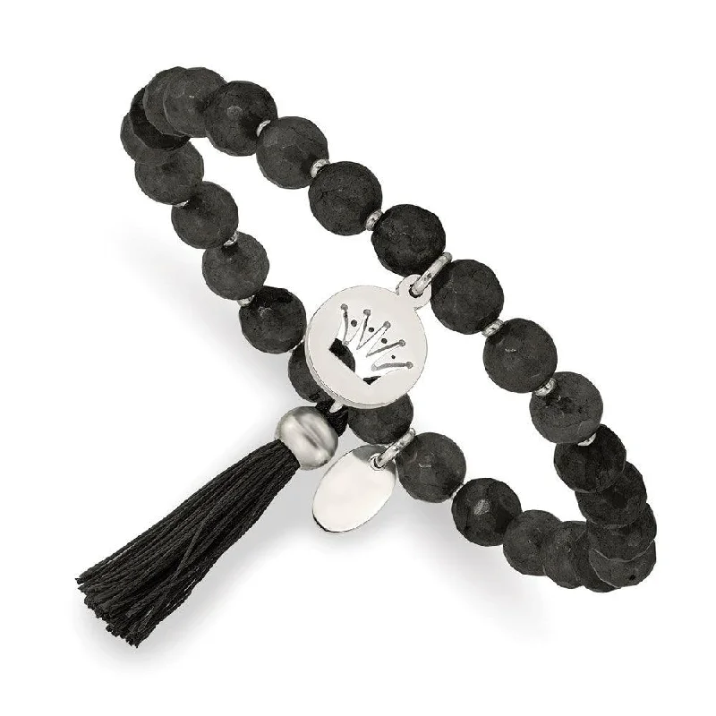 Stainless Steel Polished Crown w/Tassel Black Jade Stretch Bracelet