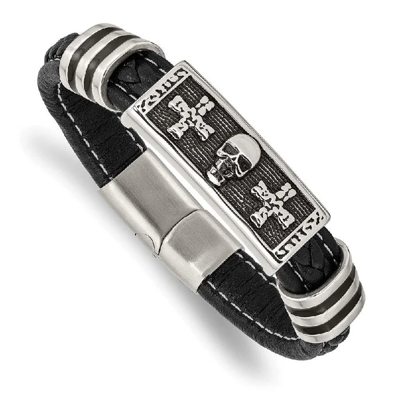 Stainless Steel Antiqued & Polished w/Enamel Skull Faux Leather Bracelet