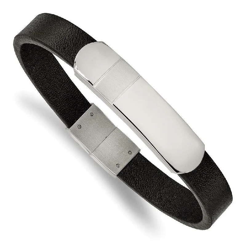 Stainless Steel Brushed and Polished Black Leather 8.5in ID Bracelet