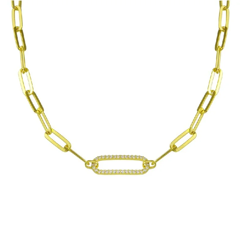 Gold Plated 925 Sterling Silver Paperclip Chain CZ Necklace - ITN00149-GP