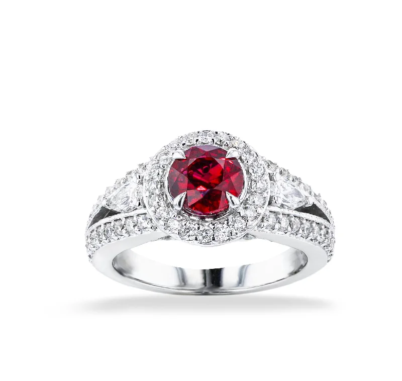 JULEVE 18KT WHITE GOLD 1.52CT RUBY & 0.96CTW DIAMOND HALO RING