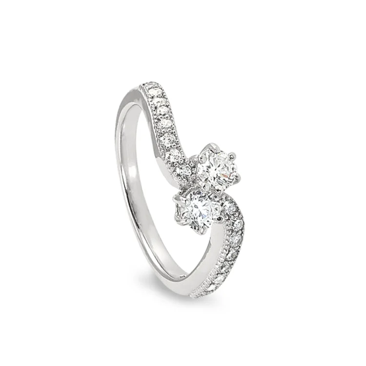 Platinum Finish Sterling Silver Micropave Twist Band Two Stone Ring with Two 120 Facet Simulated Daimonds