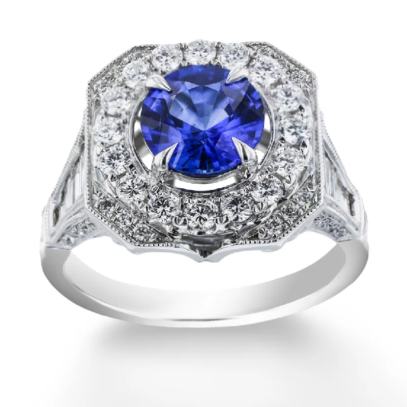 JULEVE 18KT WHITE GOLD 1.40CT SAPPHIRE & 1.50CTW DIAMOND HALO RING