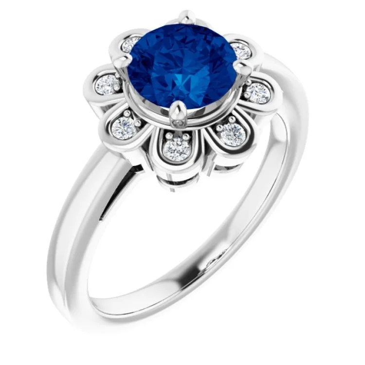 Platinum Lab-Grown Blue Sapphire & 1/8 CTW Natural Diamond Ring