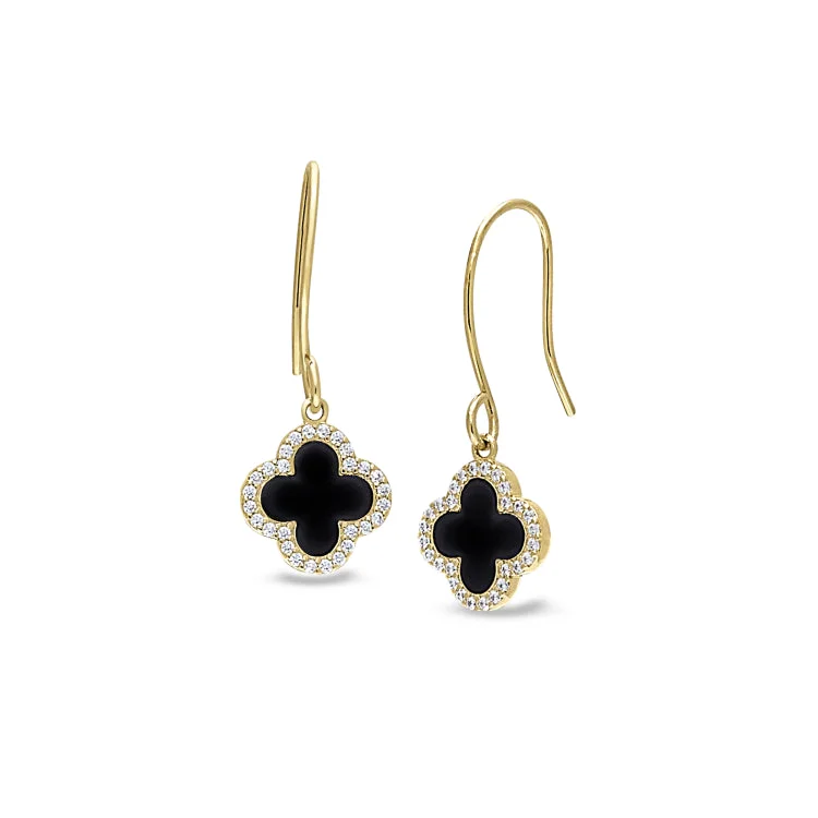 Gold Finish Sterling Silver Micropave Black Enamel Clover Earrings with Simulated Diamonds