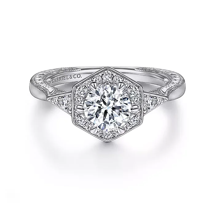 Kiaran - Art Deco 14K White Gold Round Halo Diamond Engagement Ring