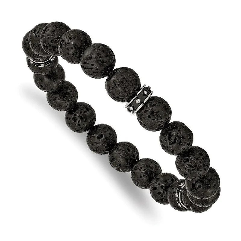 Stainless Steel Polished Black Enamel Lave Stone Beads Stretch Bracelet