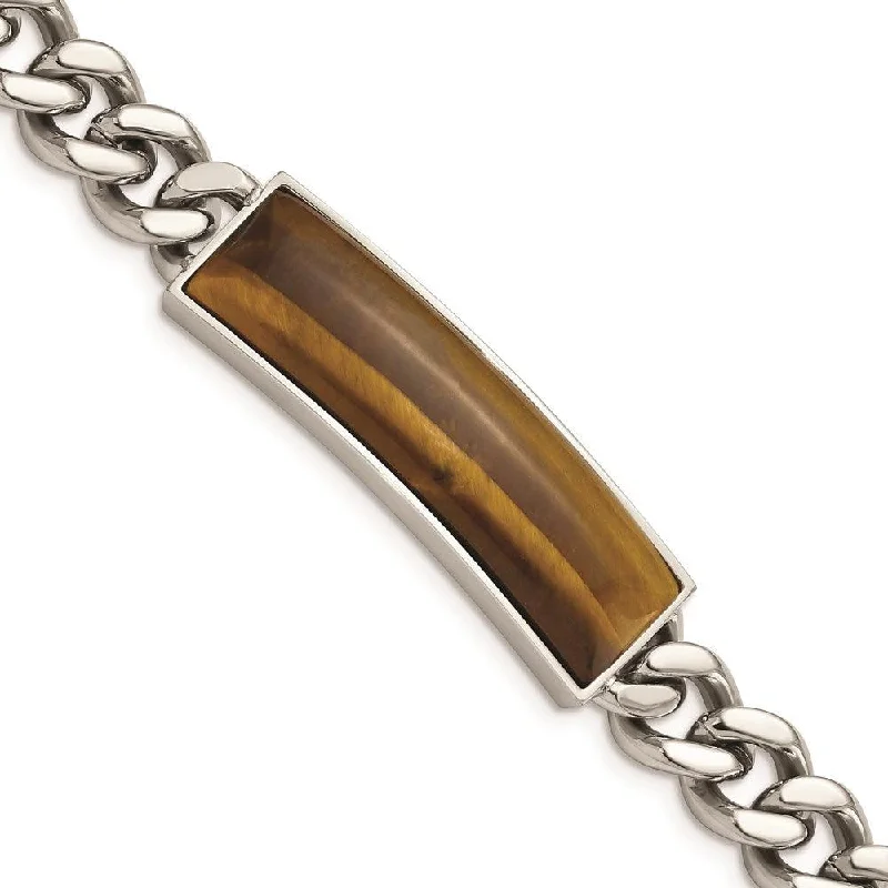 Stainless Steel Tigers Eye & Polished 8.25in Bracelet