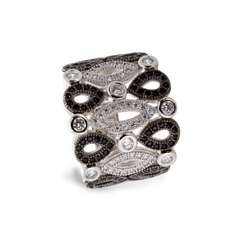 Platinum & Black Rhodium Finish Sterling Silver Micropave Art Deco Ring with 136 Simulated Diamonds