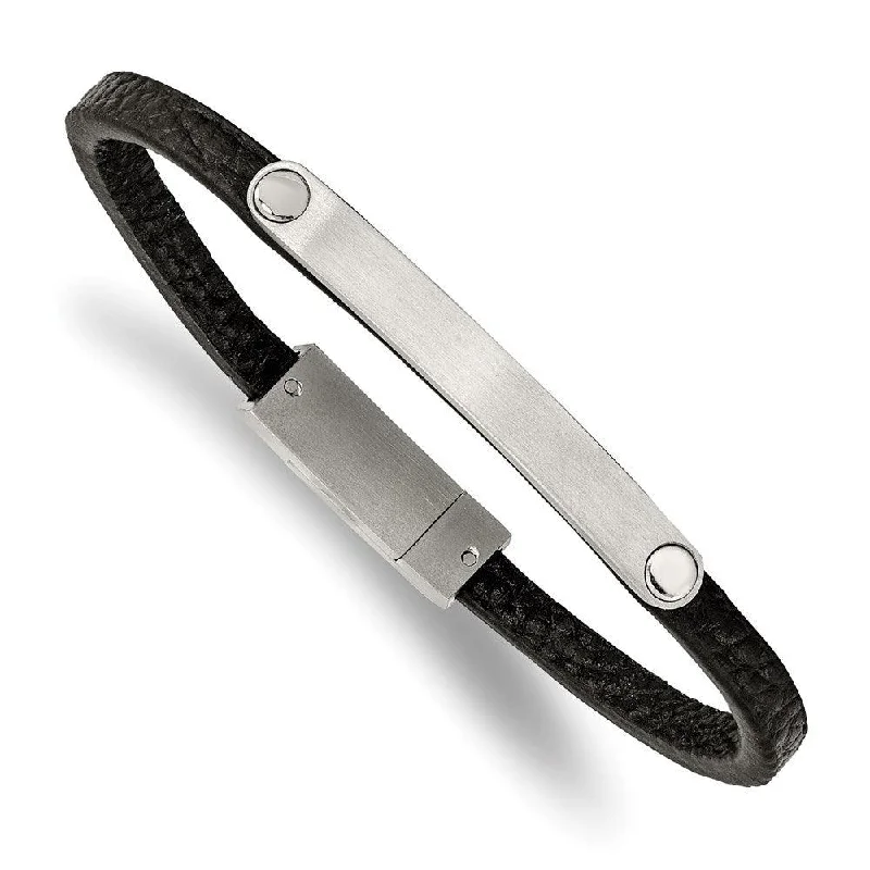 Stainless Steel Brushed Black Leather 8.25in ID Bracelet