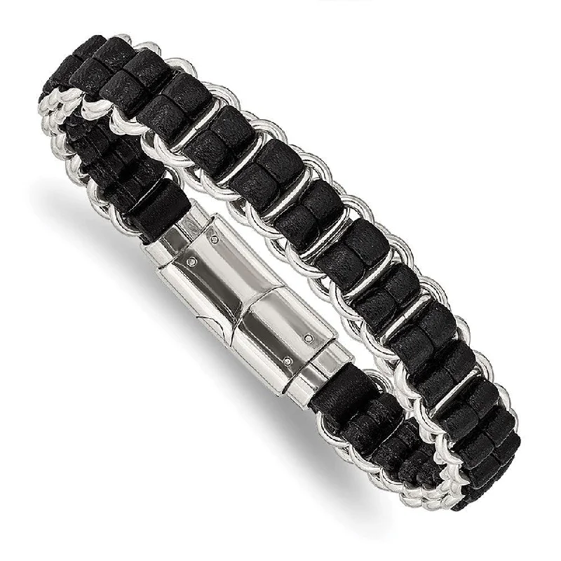 Stainless Steel Polished Black Leather 8.5in Bracelet