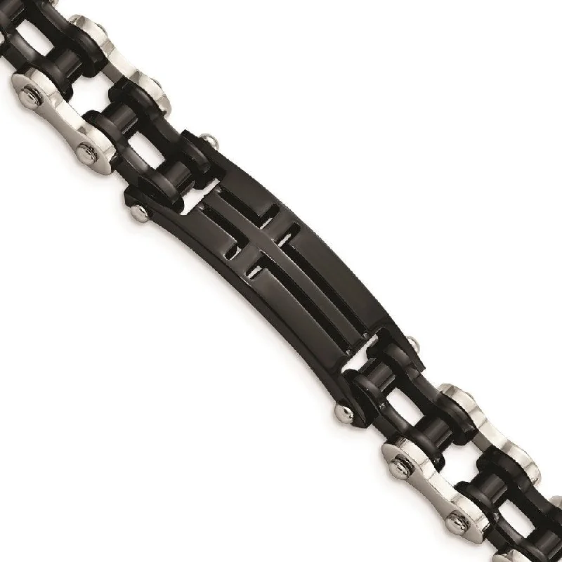 Stainless Steel Polished Black IP-plated Cross 9in ID Bracelet