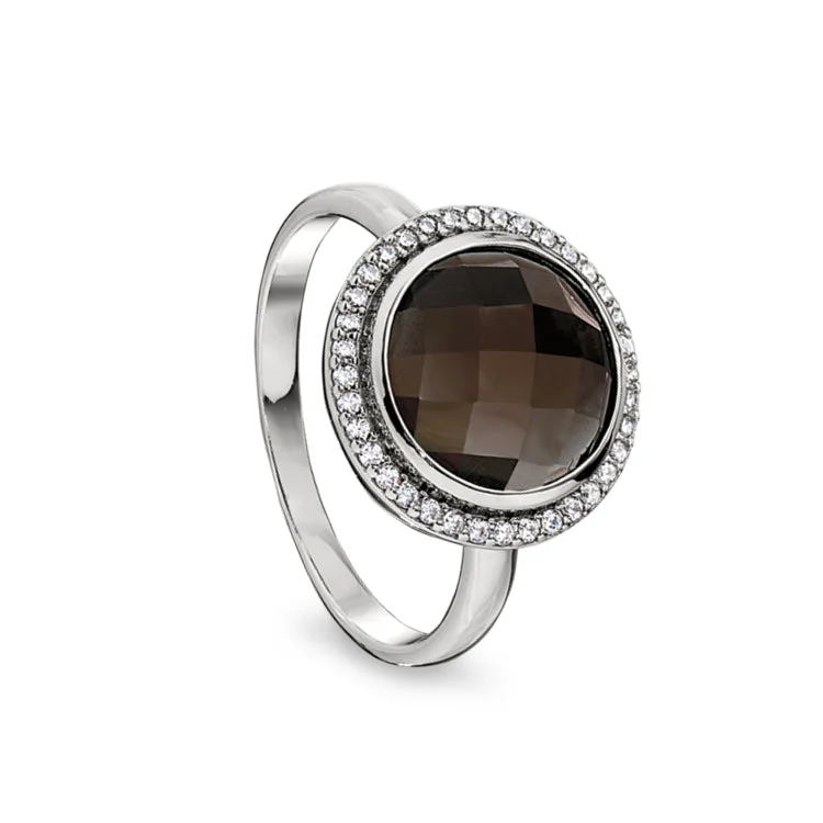 Platinum Finish Sterling Silver Micropave Facet Cut Smoky Quartz Ring with Simulated Diamonds