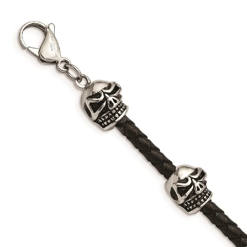 Stainless Steel Polished Antiqued Leather Skull Bracelet