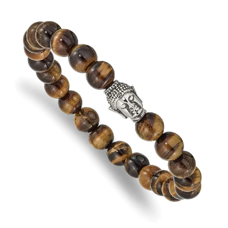 Stainless Steel Antiqued & Polished Tiger's Eye Buddha Stretch Bracelet