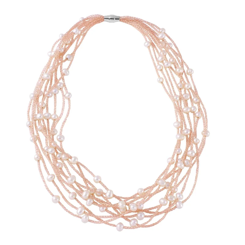 Rose Gold Plated 925 Sterling Silver Multi Strand With Fresh Pearl Accent Necklace - ECN00018R