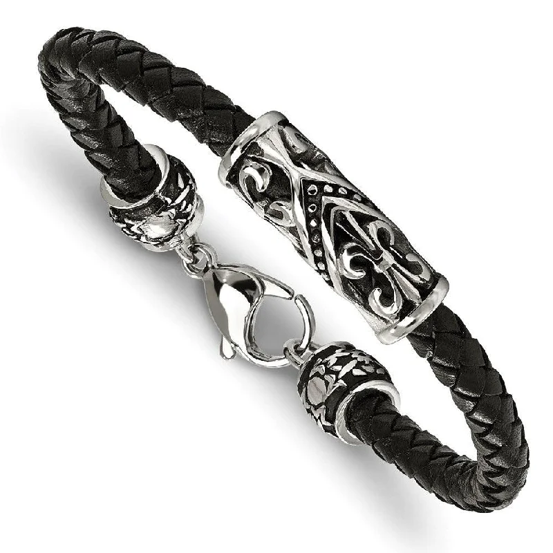 Stainless Steel Polished Antiqued Fleur De Lis Black Leather Bracelet