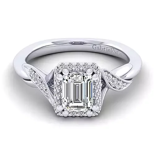 Shae - Vintage Inspired 14K White Gold Halo Emerald Cut Diamond Engagement Ring