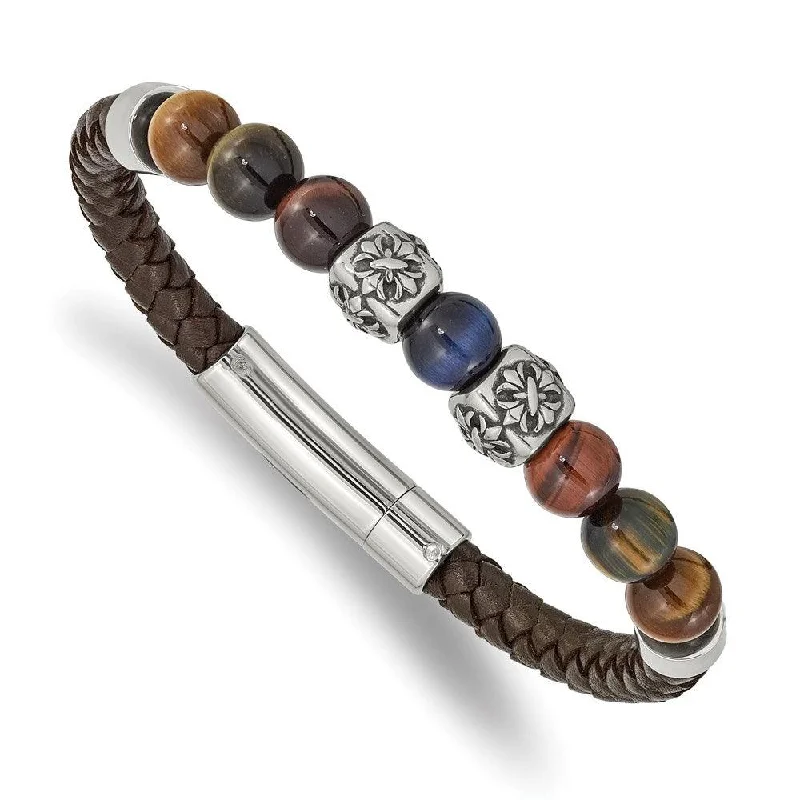 Stainless Steel Antiqued & Polished MultiColor Tiger's Eye Leather Bracelet