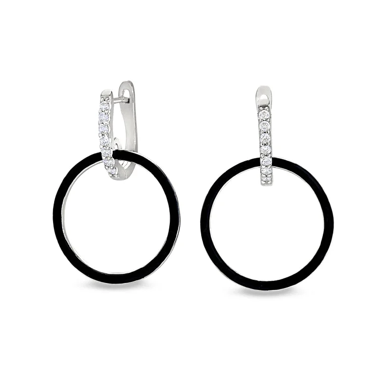 Platinum Finish Sterling Silver Micropave Black Enamel Open Hoop Earrings with Simulated Diamonds