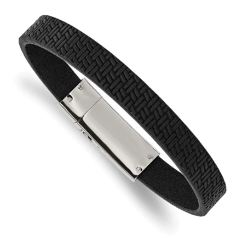 Stainless Steel Polished Textured Black Leather 8.5in Bracelet