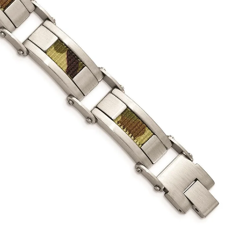 Stainless Steel Satin w/Brown Camo Fabric Inlay 8.5in. Link Bracelet