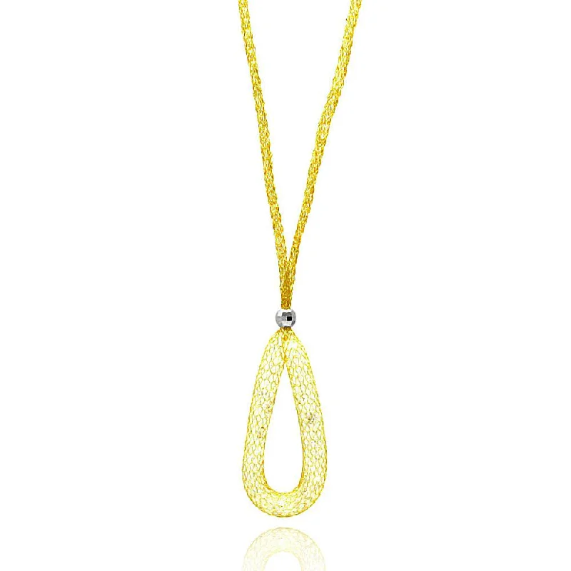 Gold Plated 925 Sterling Silver Mesh Necklace and Dropped Mesh Teardrop with Filled CZ - ITN00077GP