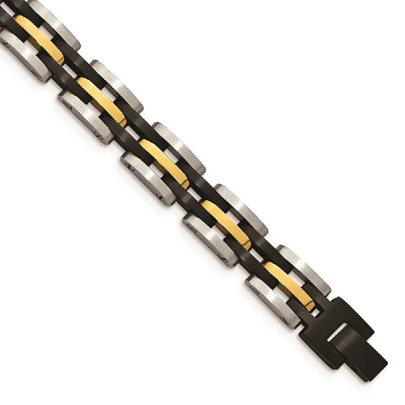 Stainless Steel Brushed and Polished Black and Yellow IP 8.25in Bracelet