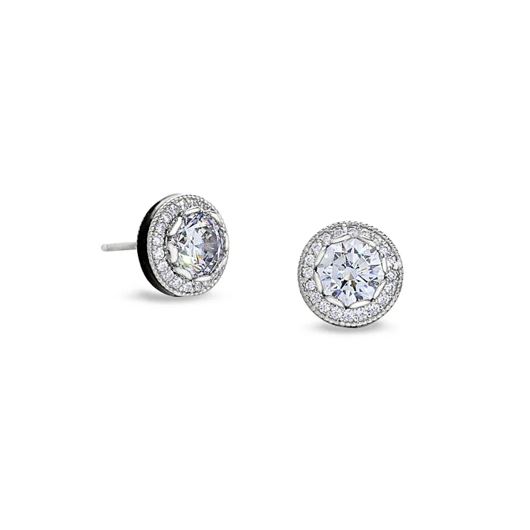 Platinum Finish Sterling Silver Micropave Round Halo Earrings with Simulated Diamonds