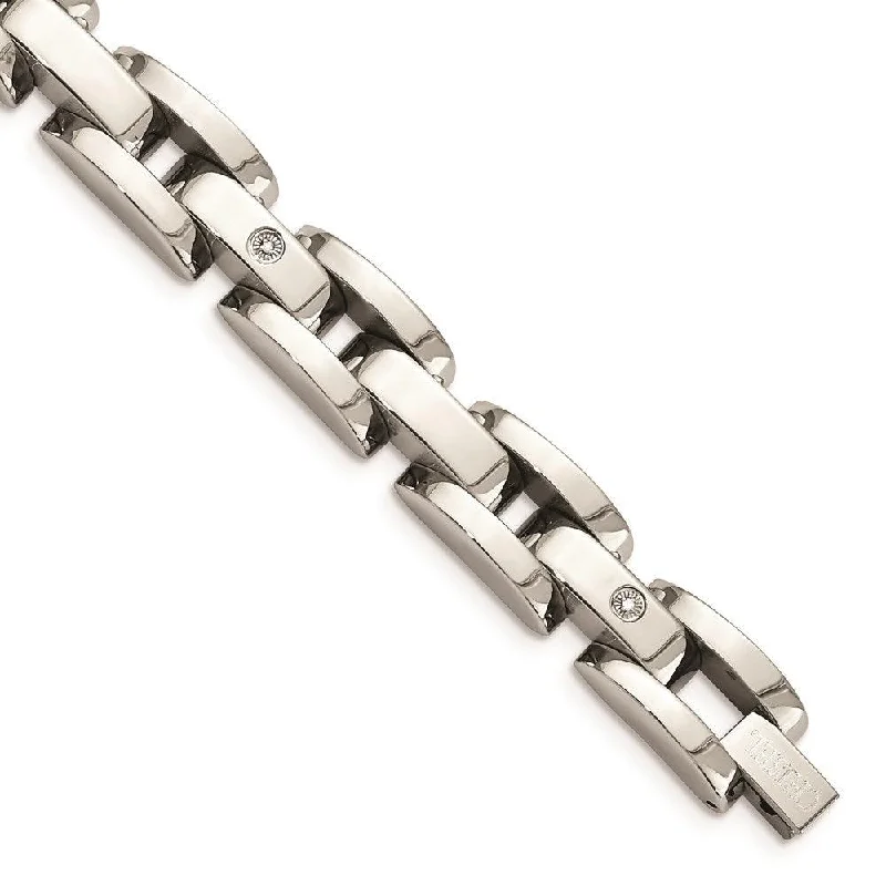 Stainless Steel w/ 14k White Gold Accents & Diamonds 8.5in Bracelet