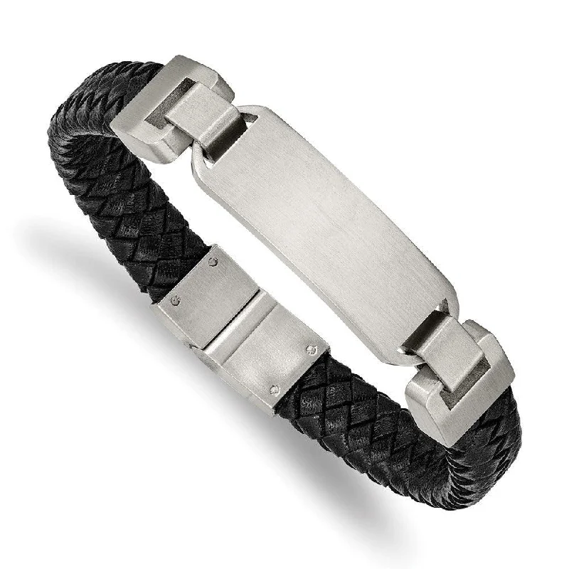 Stainless Steel Brushed Black Leather 8.5in ID Bracelet